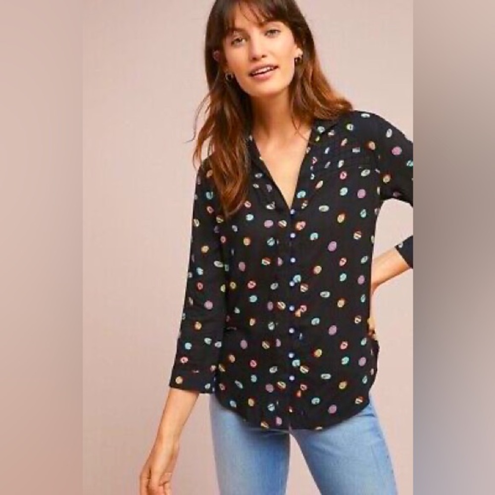 Anthropologie 13 of 52 Conversations Button Print Shirt Boho Chic Flowy Colorful
